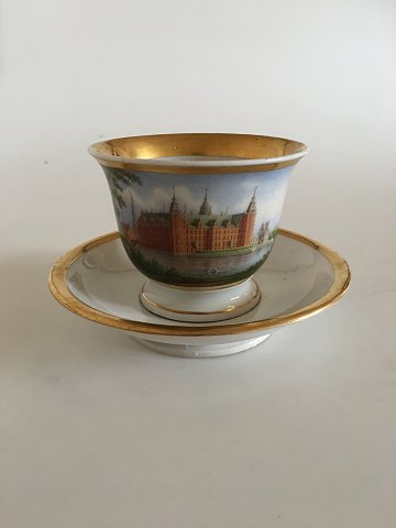 Royal Copenhagen Antique Morning Cup and Saucer with Handpainted Motif of 
Frederiksborg Castle