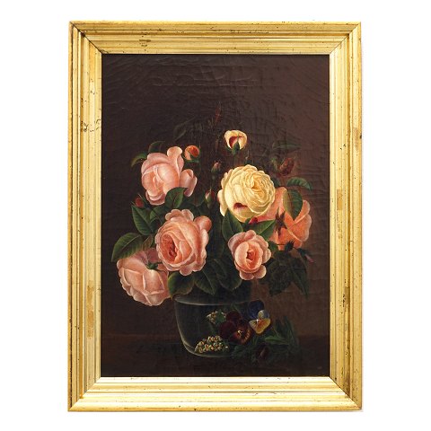 Stillife with roses. School of I L Jensen, 
Denmark, circa 1830. Oil on canvas. Signed 
"Li"lVisible size: 43x31cm. With frame: 51x39cm