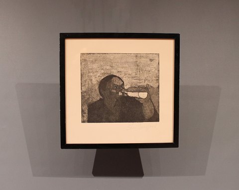 Lille litografi med illustration af en mand som drikker. 
5000m2 udstilling.