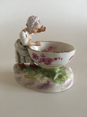 Tidlig Meissen Saltskål. Pige figur og landskabsmaleri i bowle