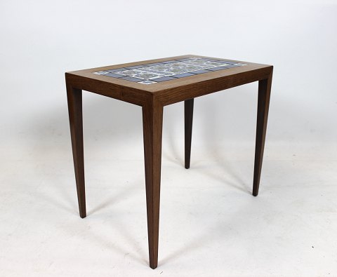 Side table of rosewood and dark blue tiles from Royal Copenhagen, designed by 
Severin Hansen for Haslev Furniture Factory from the 1960s.