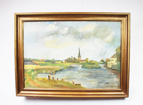 Oil painting with motif of danish landscape with gilded frame signed M. T. 
Blichfeldt.
5000m2 showroom.