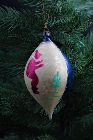 Old hand-painted Christmas ball in very thinly mouth-blown glass from around the 
year 1920. Painted with small skier. H:12cm.