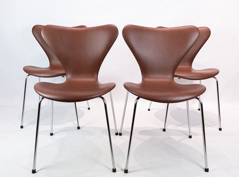A Set of 4 Seven Chairs - Model 3107 - Nut Brown Elegance Leather - Arne 
Jacobsen - Fritz Hansen - 1967