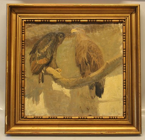 Painting Oil on board: Eagles 45 x 47 cm with frame Wilhelm Th. Fischer