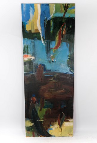 Højt oliemaleri på lærred i mørke farver af den dansk kunster Åse Højer, f. 
1952.
5000m2 udstilling.