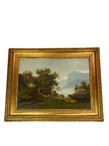 Painting on canvas with motif of the Swiss alps and with wide gilded frame, from 
around 1680. 
5000m2 showroom.
Great condition
