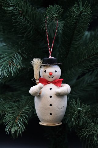 Old Christmas decorations for the Christmas tree, snowman in cotton wool and 
paper with a high hat and broom. Height:9cm.