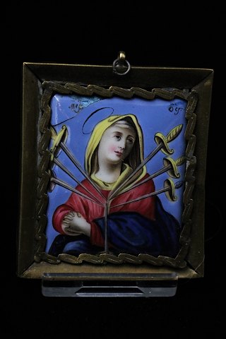 Antique Madonna motif painted on faience in brass frame. 6,5x5,5cm.