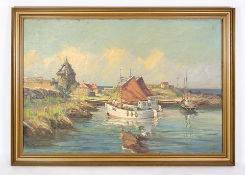 A large oil painting on canvas with motif of fishing boats near shore from 
around 1930s.
Great condition
