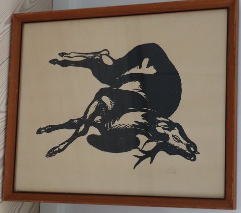 No 379 Axel Salto: Dead Deer Signed Wood cut 31 x 35.5 cm Old wooden frame with 
glass  39 x 48 cm