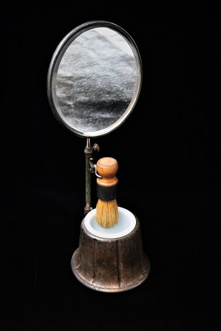 Fine old metal shaving mirror with white opal glass bowl and shaving brush...