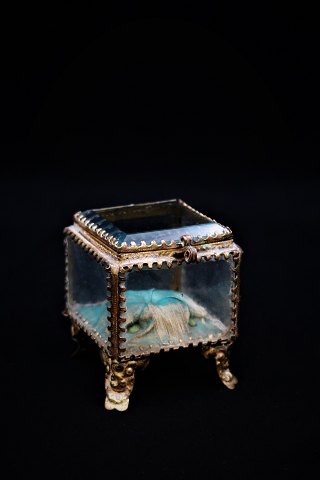 Old French jewelery box in bronze and faceted glass, silk cushion at the 
bottom...