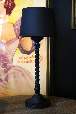 Old English table lamp in black painted twisted wood with black fabric 
lampshade...