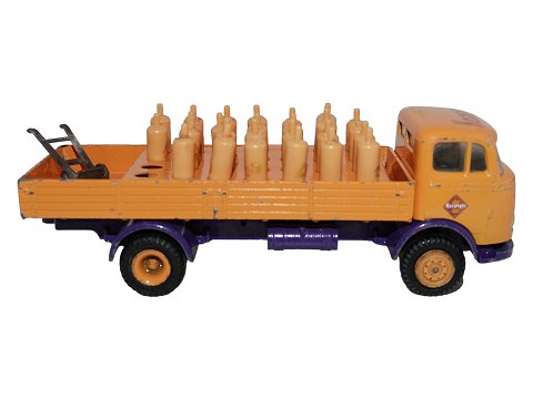 Tekno legetøj.
Gul lastbil Kosangas med 26 gasflaske og sækkevogn