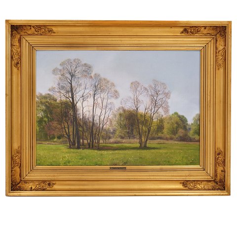 Janus la Cour maleri. Janus la Cour, 1837-1909, 
olie på lærred. Skovparti forår. Signeret. Lysmål: 
44x63cm. Med ramme: 65x84cm