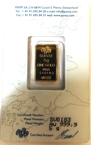 Schweiz. 5 gram finguld barre. (999,9)