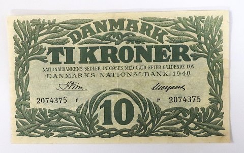 Danmark. Pengeseddel 10 kr. 1948 r. Kvalitet 1+