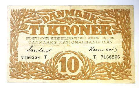 Danmark. Pengeseddel 10 kr 1943 T.