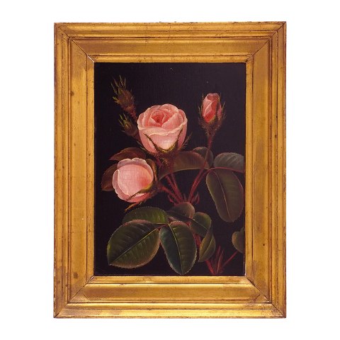 Blomsterstilleben med lyserøde roser. Udført af I. 
L. Jensens Skole ca. år 1830. Lysmål: 20x14cm. med 
ramme: 27x21cm