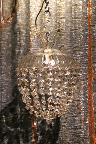 Old "bag" prism ceiling lamp with glass shade and chains with diamond cut clear 
glass prisms...