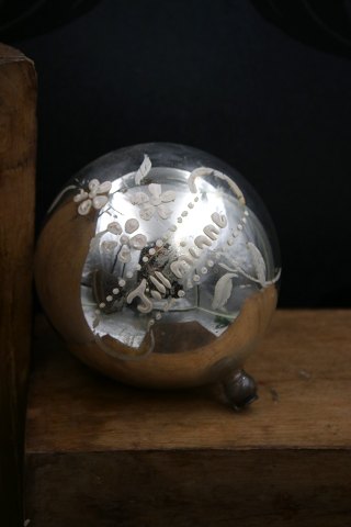 Swedish 19th century memorial ball in Murcury silver Glass with painted flowers 
and writing "In Memory"...
