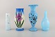 Fire antikke vaser i håndmalet mundblæst opalineglas i blå og turkis nuancer. 
Ca. 1900.
