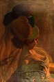 Henry Bouvet (1859-1945), fransk kunstner. Olie på lærred. Dame med fjerprydet 
hat. Tidligt 1900-tallet.
