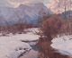 Robert Franz Curry (1872-1945) , amerikansk kunstner, olie på lærred.
Vinterlandskab med bjerge i baggrunden.