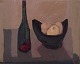 Sven Johansson  (1916-1990), svensk kunstner, olie på plade. Modernistisk stilleben med flaske og frugtkurv.
