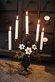 French 19th century church candlestick in bronze  with 3 fine old white opal 
glass flowers...