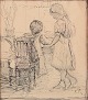 Sophus Paulsen, Danish painter.
Pencil drawing. Double portrait of girls with their backs turned in an 
interior.