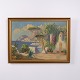 Osted Antik & Design præsenterer: Landskabsmaleri på Lærred med Sydlandsk Kystmotiv i Guldramme 54 x 74 cm