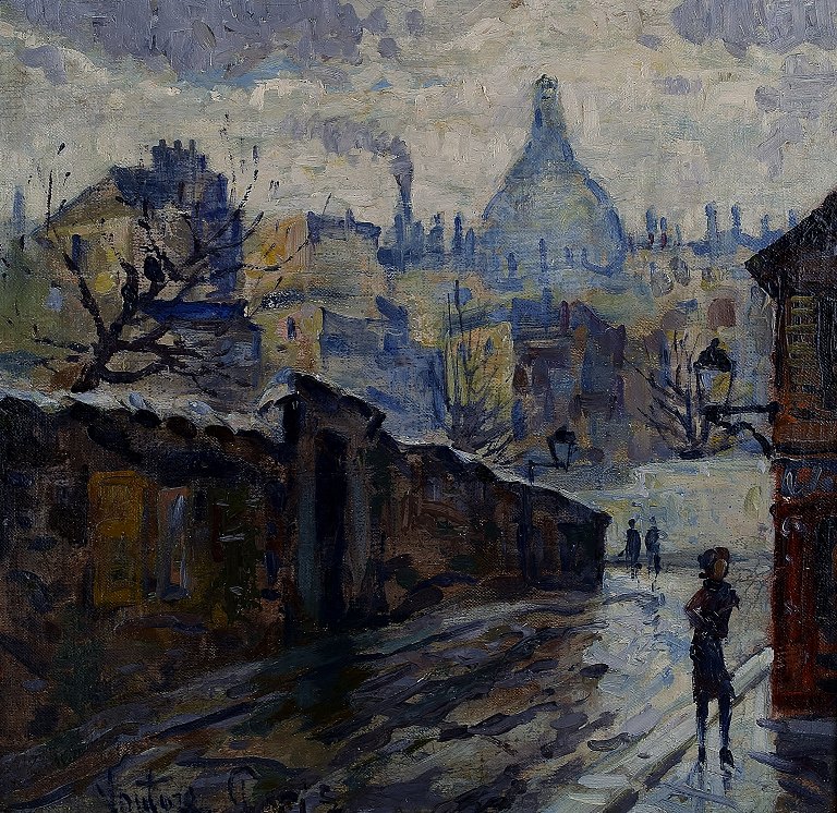 Mogens Vantore (1899-1992). Maleri. Olie på lærred. 
Paris, Montmartre med Sacré Coeur i baggrunden.
