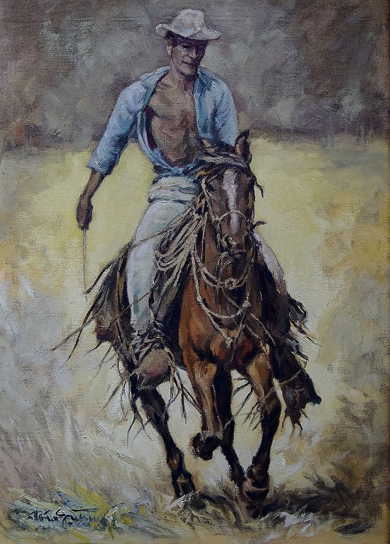 Olie maleri på lærred, cowboy, 20 årh.
