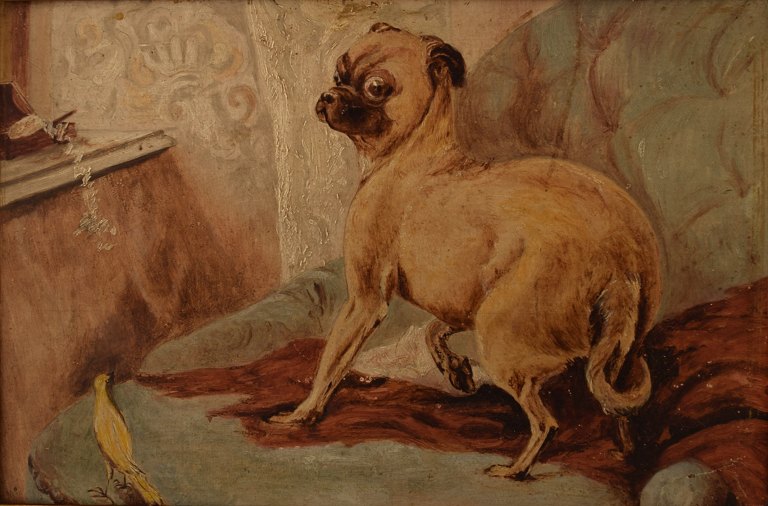 Tidligt 1900-tallet, ubekendt engelsk maler. 
Hund og fugl i interiør.
Olie på plade.