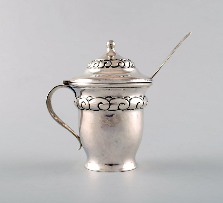Mustard Jar, Heimburger, Danish art nouveau silver with ornamentation. Including 
silver spoon.