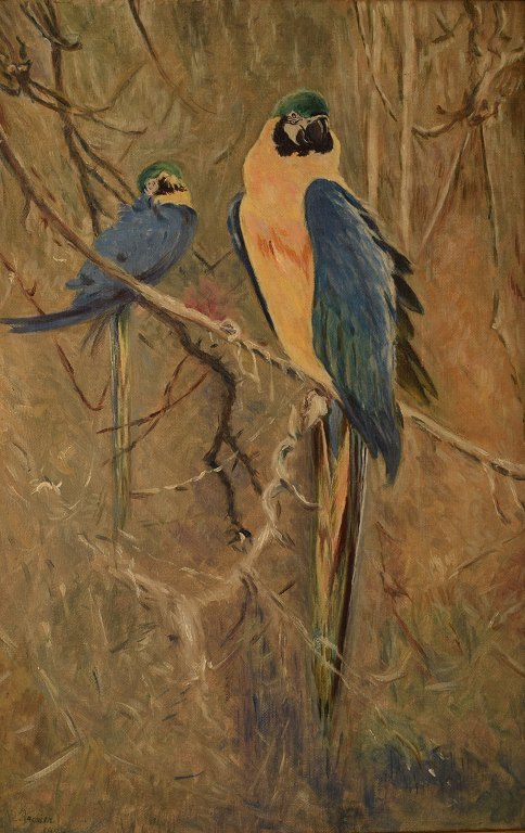 Ubekendt fransk kunstner, papegøjer, 1929.
Olie på lærred.