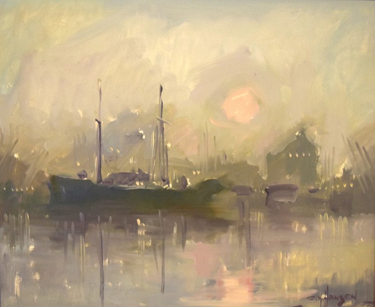 Carlo Knud Hansen. Denmark. Oil on canvas. Harbor Scene.
