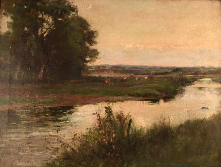 Joseph Milne, 1861-1911. English artist. English landscape with grazing cows. 
Title: "Pasture". Impressionist style. High quality painting, about 1900.
