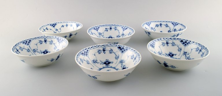 Set of 6 Royal Copenhagen Blue Fluted Half Lace Bowls # 1/624.
