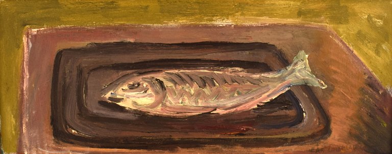 Pär Lindblad (b. 1907, 1981), Swedish artist. Oil on board. Still life with 
fish. 1960