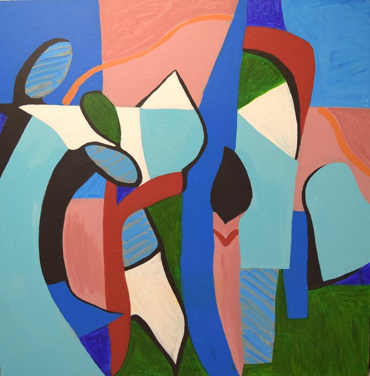 Ivy Lysdal, b 1937. Danish ceramist and painter. Acrylic on canvas.
Large and modern abstract modernist painting. Colorful palette, late 20th 
century.