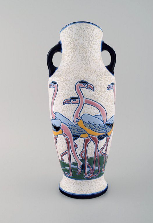 Rare art deco Amphora vase in glazed ceramics with flamingos. 1920 / 30