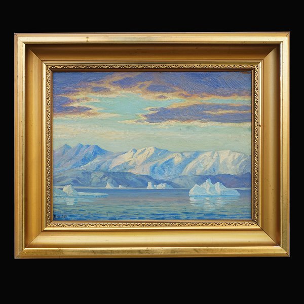 Emanuel A. Petersen, 1894-1948, Öl auf Platte. Partie aus Grünland mit 
Eisbergen. Signiert. Lichtmasse: 20x27cm. Mit Rahmen: 31x38cm