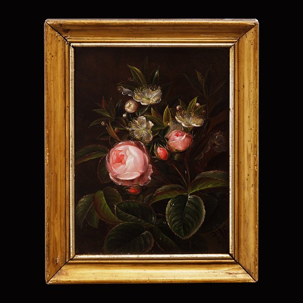 A small Danish stillife with roses. Oil on wood. Signed "EM" circa 1830. Visible 
size: 19x13,5cm. With frame: 23,5x18cm