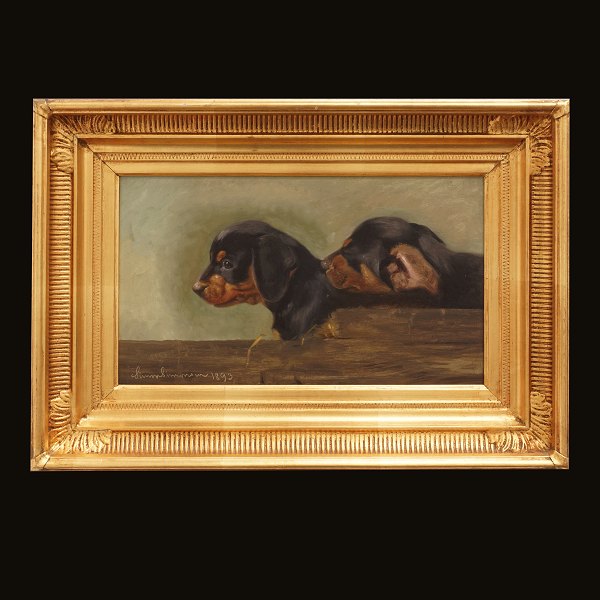 Simon Simonsen, 1841-1928, oil on board. Two dogs. Signed and dated 1893. 
Visible size: 19x32cm. With frame: 32x45cm
