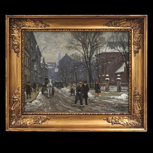 Paul Fischer, 1860-1934, Öl auf Platte. Stadtpartie aus Kopenhagen. Signiert. 
Lichtmasse: 20x25cm. with frame: 27x32cm