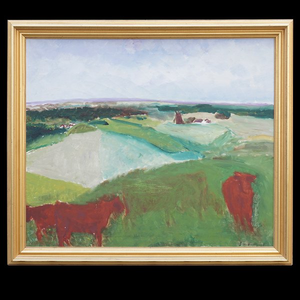 Jens Søndergaard, 1895-1957, Öl auf Leinen. Landscahft mit Kühen. Signiert. 
Lichtmasse: 80x94cm. Mit Rahmen: 95x109cm