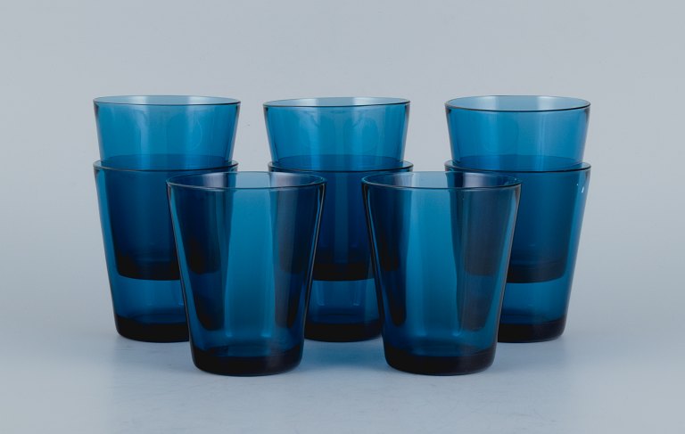 Vereco, France, a set of eight water glasses in blue art glass.